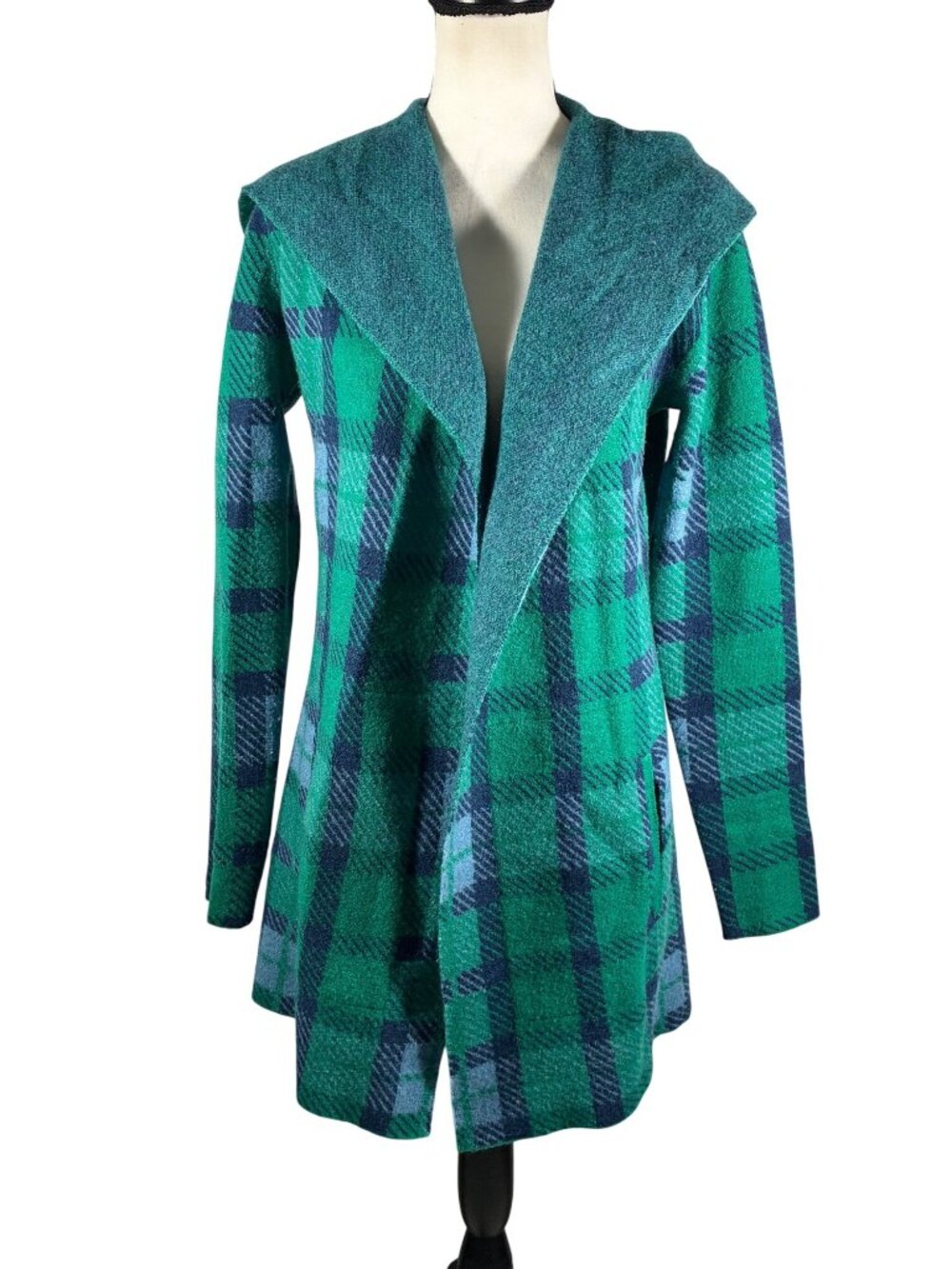 Toad&Co Merino Heartfelt Hoodie Green Plaid Wool Open Front Long Cardigan S